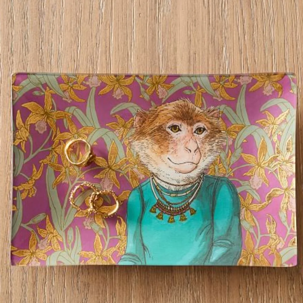 West Elm Dapper Decoupage Monkey Glass Rectangle Trinket Dish